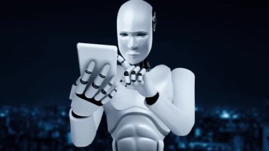 Robot hominoid use mobile phone or tablet for big data analytic using AI thinking brain , artificial intelligence and machine learning process for the 4th fourth industrial revolution . 3D rendering.