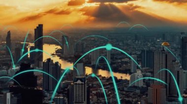 Küreselleşme soyut grafiği bağlantı ağını gösteren akıllı dijital şehir. Gelecekteki 5G akıllı kablosuz dijital şehir ve sosyal medya ağ sistemleri kavramı .