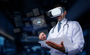 Tıbbi bir profesyonel, hasta bakımını geliştirmek, tedavileri geliştirmek ve sağlık hizmetlerindeki yapay zeka uygulamalarını keşfetmek için sanal gerçeklik teknolojisinden faydalanıyor. PHMT