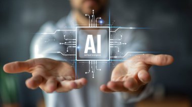 Yapay zeka mühendisliği, büyük veri ve yapay zeka makinesi kavramında yapay zeka beyin işlemcisiyle iş desteği için üretken yapay zeka kullanmayı öğrenen insan etkileşimi. Faas