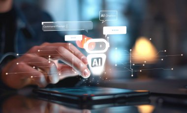 Yapay zeka sanal asistanı Chatbot ile yapay zeka konsepti ile insan etkileşimi, yapay zeka mühendisliği, LLM yapay zeka derin öğrenimi iş desteği için üretken yapay zeka kullanımı. EIDE