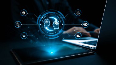 Yapay zeka mühendisliği, büyük veri ve yapay zeka makinesi kavramında yapay zeka beyin işlemcisiyle iş desteği için üretken yapay zeka kullanmayı öğrenen insan etkileşimi. Kullanıcı Kimliği