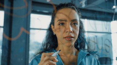 Genç İspanyol çalışanlar renkli yapışkan notlar yazıyorlar. Akıllı iş kadını pazarlama fikrini, beyin fırtınası stratejisini, iş planını paylaşıyor. Proje yöneticisi zihin haritası çiziyor. - Yakın çekim. Yönlendirici.