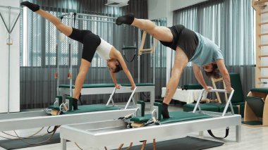 Reformist makinelerde senkronize amuda kalkma varyasyonları yapan iki pilates müşterisi. Bir grup pilates partneri kol ve çekirdeği güçlendirmek için reformcuyu ikiye ayırıyor. Denge. Alışkanlık.