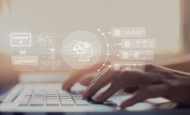 Yapay zeka mühendisliği, büyük veri ve yapay zeka makinesi kavramında yapay zeka beyin işlemcisiyle iş desteği için üretken yapay zeka kullanmayı öğrenen insan etkileşimi. EIDE