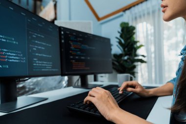 İnternet sitesi uygulamasının kodlama verileriyle birlikte online bilgi yazarak kot gömlek giyen genç Asyalı geliştirici. Güvenlik analizi ile çevrili iki ekran. Taktik.