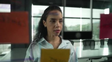 Skills 'in genç ve güzel İspanyol proje yöneticisi pazarlama fikrini düşünüyor. Ofisteki cam tahtada yapışkan notlar kullanarak iş planı yapan profesyonel bir iş kadını. Yönlendirici.