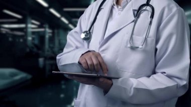 Doktorun elinde tabletle laboratuarda yüzen hologramla görüntüsünü kapatın. İnsan anatomisini incelemek için teknolojiyi kullanan bir tıp çalışanı. HUD Gösterge Paneli Tüm Vücut. İyileştirici.