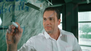 Yapışkan notlar üzerine pazarlama fikri yazan profesyonel erkek liderin portresi. Kafkasyalı işadamı cam duvarda renkli yapışkan notlar kullanırken pazarlama kampanyasını düşünüyor. Yönlendirici.