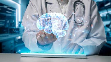 Klavye yazan ve hastanede yüzen insan beyin anatomisi hologramına tıklayan yetenekli doktorlara yaklaş. Sağlık çalışanı beyin anatomisini kontrol ediyor ve inceliyor. Teknoloji yeniliği. İyileştirici.