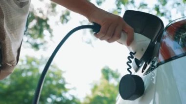 Genç adam, yaz mevsiminde açık yeşil yay yeşilliklerindeki şarj istasyonundan elektrikli araba aküsünü şarj etmek için EV şarj aleti koymuş. Yeniden şarj edilebilir elektrikli araç için sürdürülebilir enerji