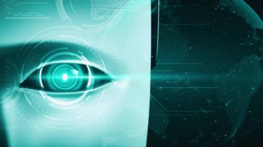 Robot hominoid face close up with graphic concept of big data analytic by AI thinking brain, artificial intelligence and machine learning process for the 4th fourth industrial revolution. 3D rendering