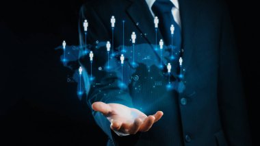 İş adamı ağ kurar, değerli bağlantılar kurar. Profesyonel ağı ve fırsatları genişletmek için etkili insan ağ oluşturma stratejileri UUID