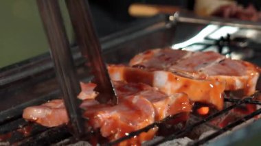 Grilled food of family celebration anniversary. Family have dinner party in garden. Outdoor camping activity relax with tasty food and spend time with cute relatives cross generation gap. Divergence.