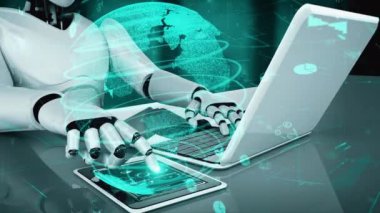 Future financial technology controll by AI robot huminoid uses machine learning and artificial intelligence to analyze business data and give advice on investment and trading decision . 3D rendering .