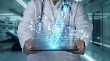 Laboratuvarda bulanık bir geçmişi olan ve DNA hologramıyla dolaşan yetenekli doktorların tutulduğu tableti kapatın. Genetik bozuklukları tedavi eden profesyonel bir tıp çalışanı. Teknoloji. İyileştirici.