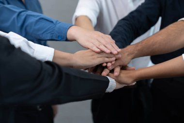 Çeşitli ofis çalışanlarından oluşan bir grup, ofis odasında el ele vererek iş sinerjisini ve iş yerindeki güçlü verimli takım çalışmasını sembolize ediyor. İş çalışanları arasındaki işbirliği ve birlik. Tedbirli