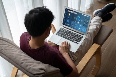 Smart home technology, centric remote control system with digital dashboard for air conditioning, safety security network or house automation. App software, ui panel programming IOT monitor snugly