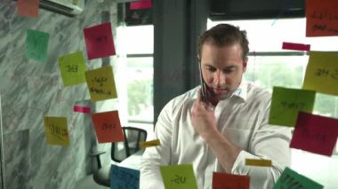 Profesyonel işadamı renkli yapışkan notlara yazılmış pazarlama stratejisi fikrine bakarken müşterilerine telefon ediyor. Proje yöneticisi duvardaki telefon analiz verileriyle konuşuyor. Yönlendirici.