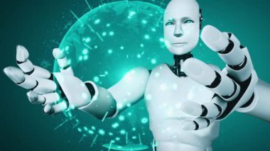 AI hominoid robot holding hologram screen shows concept of global communication network using artificial intelligence thinking by machine learning process. 3D rendering computer graphic.