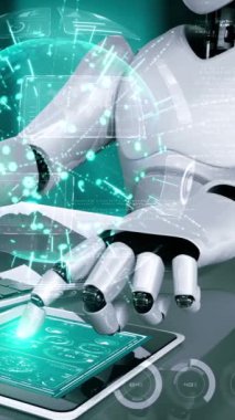 Robot hominoidler dizüstü bilgisayar kullanırlar ve büyük veri analizi için masaya otururlar. Dördüncü endüstriyel devrim için yapay zeka, yapay zeka ve makine öğrenme yöntemlerini kullanarak. 3B görüntüleme.
