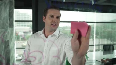 Kafkasyalı iş adamı, iş dünyası toplantısı sırasında cam duvara yapışkan notlar yapıştırırken fikirlerini paylaşıyor. Birlikte çalışmak, beyin fırtınası yapmak, tartışmak, planlamak, fikir paylaşmak, strateji. Yönlendirici.