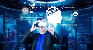 Akıllı proje yöneticisi AI sohbet hologramına işaret ediyor ve modern ofiste kulaklık takıyor. Profesyonel iş adamı bulanık geçmişi olan artırılmış gerçeklik gözlükleri üzerinde çalışıyor. Teknoloji. Yaratıcılık.