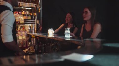 Güzel bir kadının VIP konuğunun portresi. Şık bir gece partisinde lüks bir gece kulübünde kadeh kaldırıyor. Barda oturmuş barmen atmosfer partisi yaşam tarzıyla konuşuyorum. Vinosity.