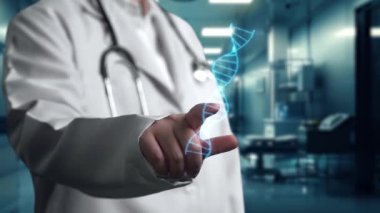Bulanık bir geçmişe sahip laboratuarda yüzen DNA örneği hologramına bakan doktorlara yaklaş. Tıp çalışanı genetik bozukluk teşhisi için tıbbi verilere bakıyor ve erişiyor. İyileştirici.