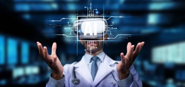 Bir bilim adamı yapay zekanın tıbbi araştırmalara entegrasyonunu araştırmak için sanal gerçeklik kulaklığı kullanıyor, teknoloji ve sağlık çözümlerindeki gelişmeleri sembolize ediyor. PHMT