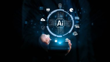 Yapay zeka mühendisliği, büyük veri ve yapay zeka makinesi kavramında yapay zeka beyin işlemcisiyle iş desteği için üretken yapay zeka kullanmayı öğrenen insan etkileşimi. Kullanıcı Kimliği