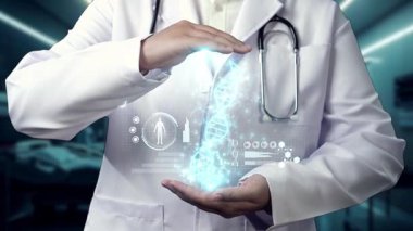 Yetenekli doktorların DNA örneği hologramı hastanede yüzüyor. Profesyonel tıp çalışanı tedaviye hazırlanırken ve genetik testler yaparken semptomları kontrol ediyor. İyileştirici.