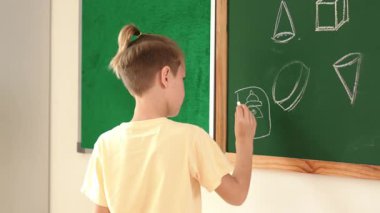 Kafkasyalı enerjik zeki çocuk sınıfta tahtada dururken hayal gücünü ifade etmek ve geliştirmek için resim çiziyor. Sanat dersinde karatahtaya yazı yazan çekici ilkokul öğrencisi. Pedagoji.