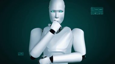 Yapay zeka hominoid robotunun hologram ekranını analiz etmesi, makine öğrenme süreciyle yapay zeka kullanarak büyük veri analizi yaptığını gösteriyor. 3B görüntüleme.