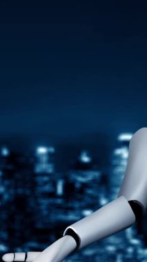 AI robot huminoid uses cloud computing technology to store data on online server . Futuristic concept of cloud information storage analyzed by machine learning process . 3D rendering .