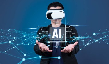 Yapay zeka mühendisliği, büyük veri ve yapay zeka makinesi kavramında yapay zeka beyin işlemcisiyle iş desteği için üretken yapay zeka kullanmayı öğrenen insan etkileşimi. Faas