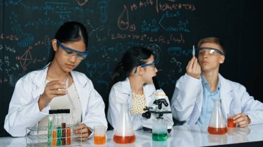 Öğrenci tahtada teoriyle deney yaparken güzel bir kız mikroskop altında araştırma yapıyor. Genç bilim adamı renkli çözeltiyi deneysel ekipmanlarla inceledi. Öğretim.