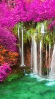 Plitvice Gölleri Hırvatistan 'daki şelale manzarasının kusursuz video klibi, fantezi yeşillik rengi. Rahatlama manzarası arka planı için sakin doğa manzarası .