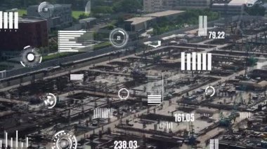 Otomasyon konseptini ve uzaktan kablosuz makine kontrolünü gösteren bir bilgisayar yazılımında fütüristik HUD kullanarak inşaat teknolojisi konsepti üzerinde değişiklik grafiği içeren konsept .
