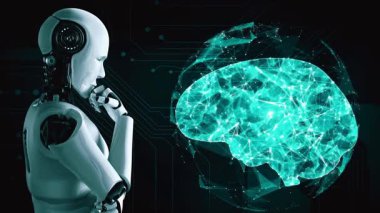 Yapay zeka robotunun hologram ekranını analiz etmesi yapay zeka ve yapay zeka kavramını makine öğrenme süreciyle gösterecektir. 3B görüntüleme.