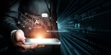 Yapay zeka sanal asistanı Chatbot ile yapay zeka konsepti ile insan etkileşimi, yapay zeka mühendisliği, LLM yapay zeka derin öğrenimi iş desteği için üretken yapay zeka kullanımı. FaaS