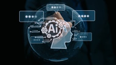 Yapay zeka mühendisliği, büyük veri ve yapay zeka makinesi kavramında yapay zeka beyin işlemcisiyle iş desteği için üretken yapay zeka kullanmayı öğrenen insan etkileşimi. Kullanıcı Kimliği