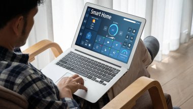 Smart home technology, centric remote control system with digital dashboard for air conditioning, safety security network or house automation. App software, ui panel programming IOT monitor snugly