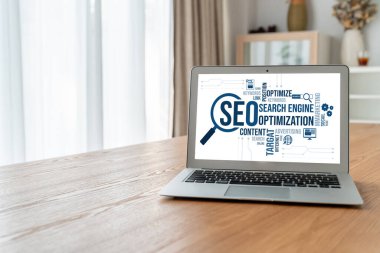 Model e-ticaret için SEO arama motoru optimizasyonu ve bilgisayar ekranında gösterilen çevrimiçi perakende işi