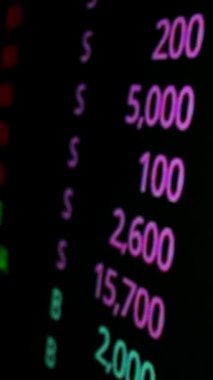 Makro çekim hareketi üzerine borsa kurulu LED ekranı borsa ve finansal verileri gösteriyor. Dinamik borsa endeksi değer artışı ve eğilim yatırımı için düşüş.