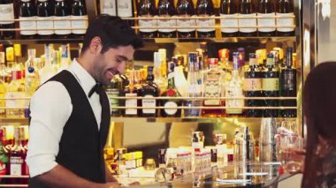 Gülümseyen akıllı barmen dostça sohbet ederken meşrubat tezgahında soda ya da tonik servis ederken çekici kostümlü profesyonelliğin ilk izlenimine sahip hoş geldin içkisi. Vinosity.