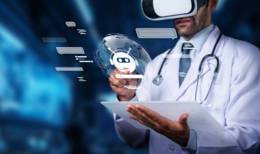 Sanal gerçeklik teknolojisiyle ilgilenen bir tıp uzmanı, bir sohbet robotuyla dijital bir arayüz sergiliyor, sağlık hizmetleri iletişimi ve hasta etkileşimindeki yenilikleri vurguluyor. PHMT