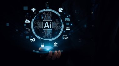 Yapay zeka mühendisliği, büyük veri ve yapay zeka makinesi kavramında yapay zeka beyin işlemcisiyle iş desteği için üretken yapay zeka kullanmayı öğrenen insan etkileşimi. Kullanıcı Kimliği