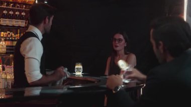 Canlı bir gece partisi atmosferinde lüks bir tezgah barda özel bir içki barında oturan güzel bayan konuğa odaklanıyorum. Müşteriyle konuşurken cam siliyormuş. Vinosity.