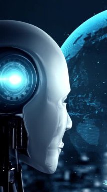 AI robot huminoid uses cloud computing technology to store data on online server . Futuristic concept of cloud information storage analyzed by machine learning process . 3D rendering .